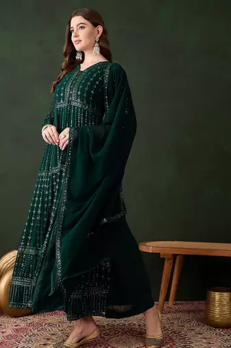 Green faux georgette stitched gown with lace dupatta full sleeve embroidered