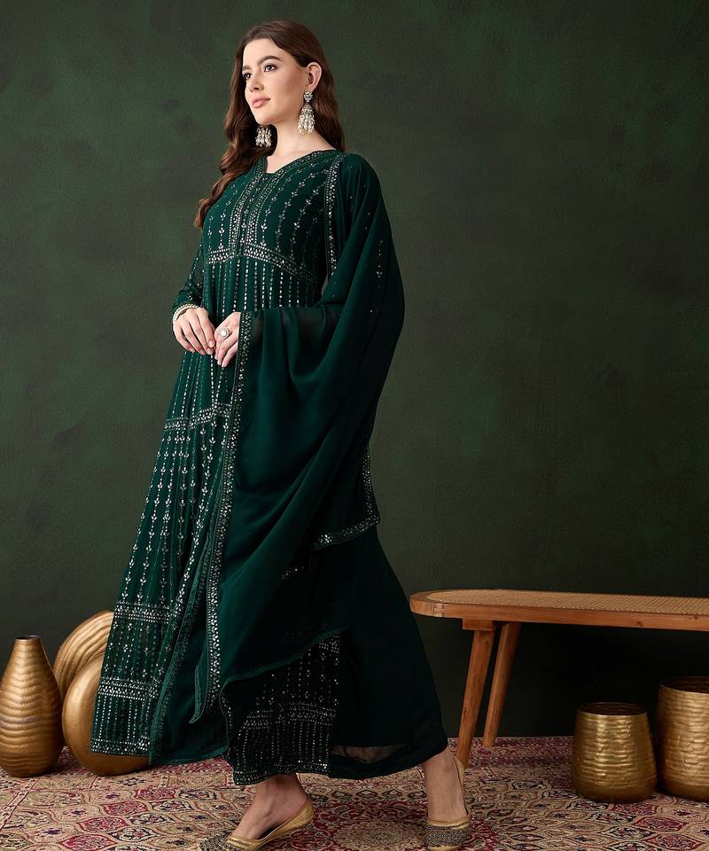 Green faux georgette stitched gown with lace dupatta full sleeve embroidered