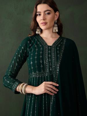 Green faux georgette stitched gown with lace dupatta full sleeve embroidered 4