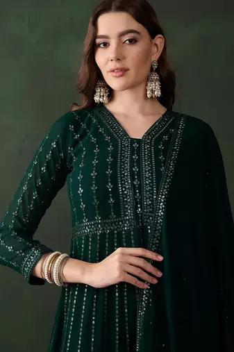 Green faux georgette stitched gown with lace dupatta full sleeve embroidered