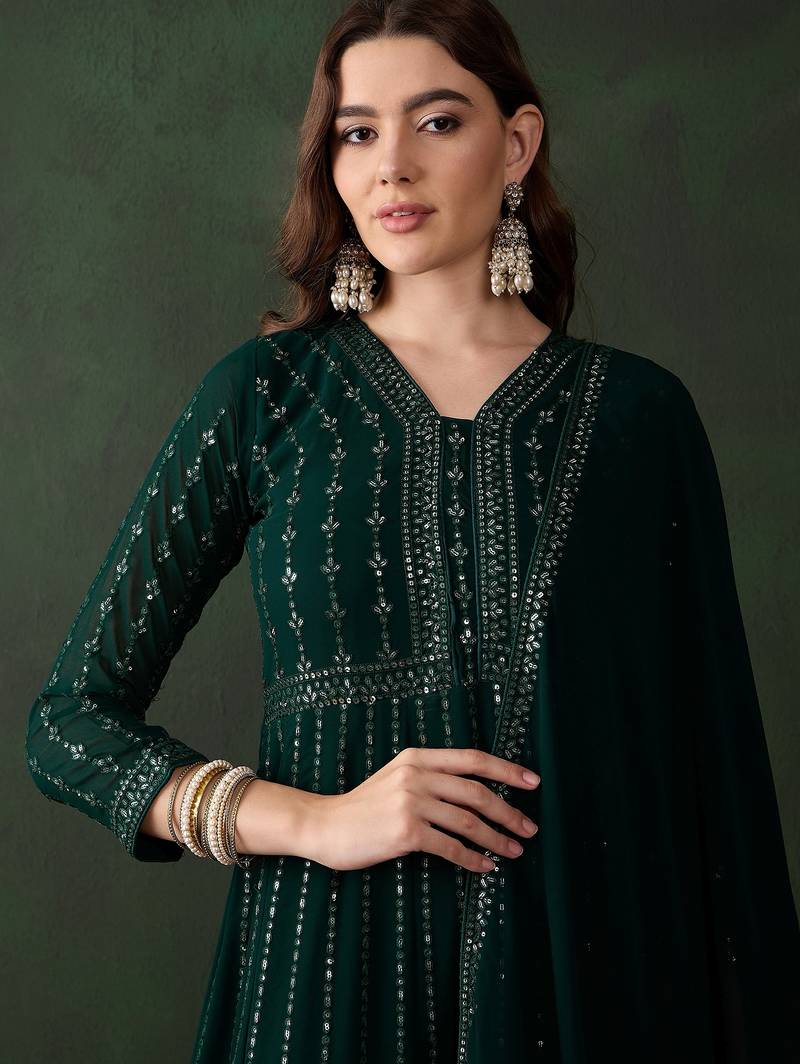 Green faux georgette stitched gown with lace dupatta full sleeve embroidered