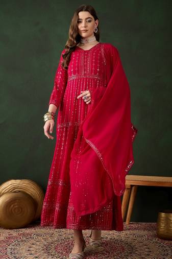 Pink faux georgette stitched gown with lace dupatta full sleeve embroidered