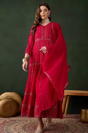 Pink faux georgette stitched gown with lace dupatta full sleeve embroidered
