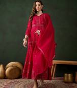 Pink faux georgette stitched gown with lace dupatta full sleeve embroidered