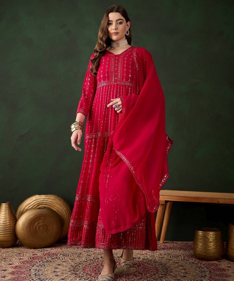 Pink faux georgette stitched gown with lace dupatta full sleeve embroidered