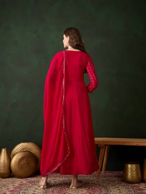 Pink faux georgette stitched gown with lace dupatta full sleeve embroidered 2