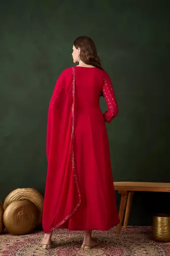 Pink faux georgette stitched gown with lace dupatta full sleeve embroidered