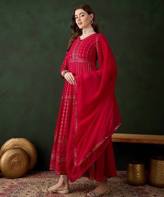 Pink faux georgette stitched gown with lace dupatta full sleeve embroidered 3