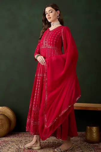 Pink faux georgette stitched gown with lace dupatta full sleeve embroidered