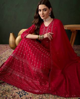 Pink faux georgette stitched gown with lace dupatta full sleeve embroidered 4