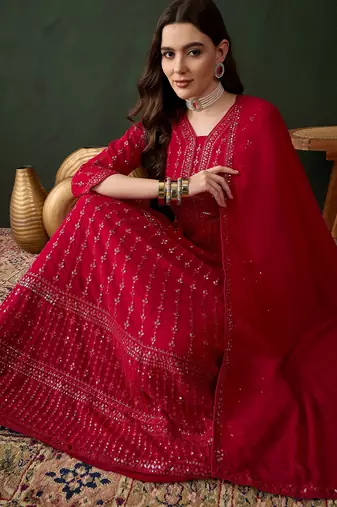 Pink faux georgette stitched gown with lace dupatta full sleeve embroidered