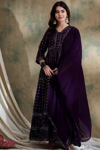 Purple faux georgette stitched gown with lace dupatta full sleeve embroidered
