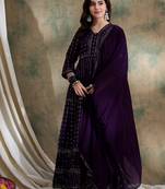 Purple faux georgette stitched gown with lace dupatta full sleeve embroidered