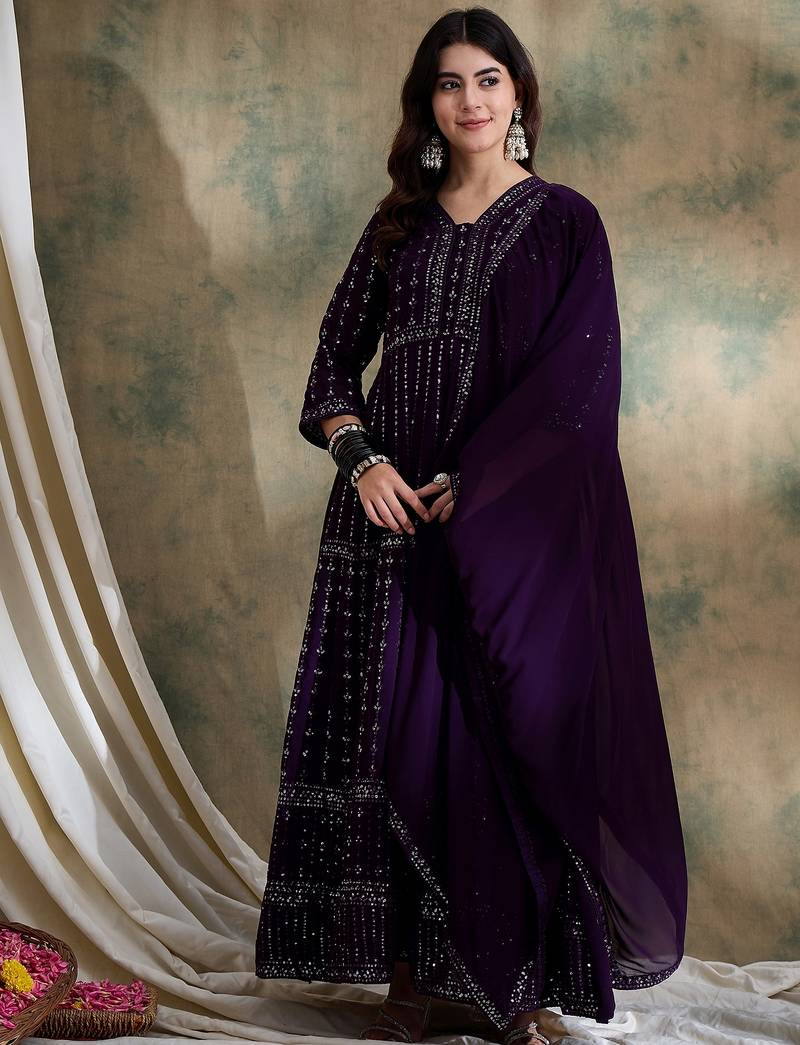 Purple faux georgette stitched gown with lace dupatta full sleeve embroidered