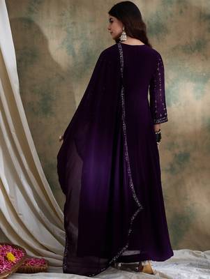 Purple faux georgette stitched gown with lace dupatta full sleeve embroidered 2