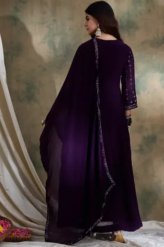 Purple faux georgette stitched gown with lace dupatta full sleeve embroidered