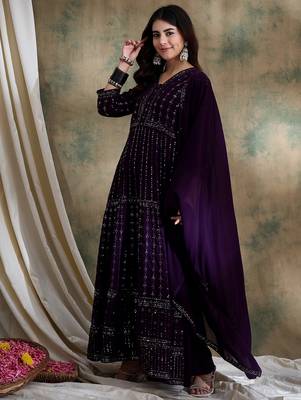 Purple faux georgette stitched gown with lace dupatta full sleeve embroidered 3