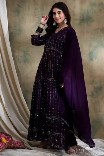 Purple faux georgette stitched gown with lace dupatta full sleeve embroidered