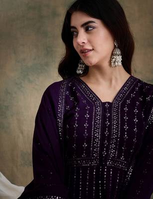 Purple faux georgette stitched gown with lace dupatta full sleeve embroidered 4