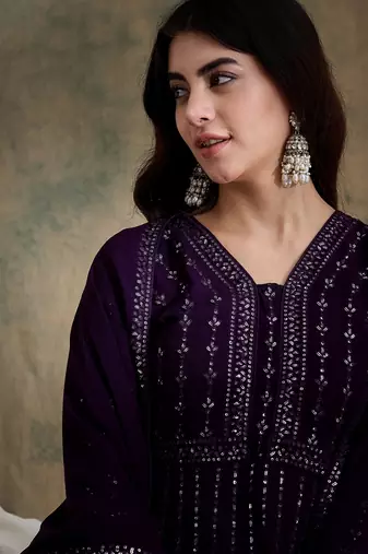 Purple faux georgette stitched gown with lace dupatta full sleeve embroidered
