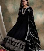 Black faux georgette stitched gown with embroidered dupatta full sleeve embroidered