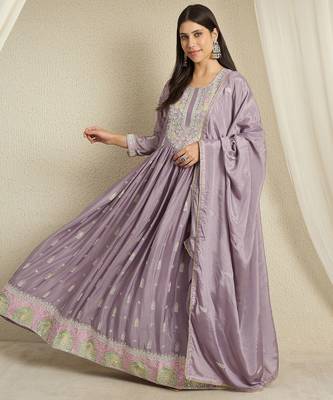 Purple chinon stitched gown with embroidered dupatta full sleeve embroidered 1