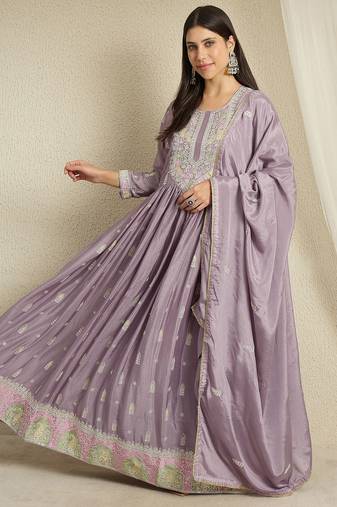 Purple chinon stitched gown with embroidered dupatta full sleeve embroidered
