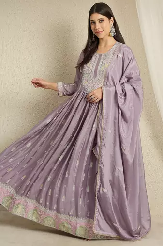 Purple chinon stitched gown with embroidered dupatta full sleeve embroidered