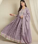 Purple chinon stitched gown with embroidered dupatta full sleeve embroidered