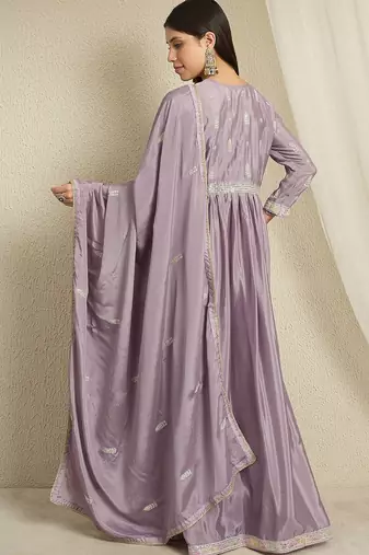 Purple chinon stitched gown with embroidered dupatta full sleeve embroidered