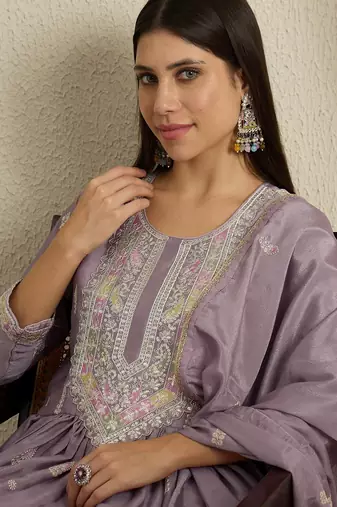Purple chinon stitched gown with embroidered dupatta full sleeve embroidered