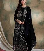 Black faux georgette stitched gown with jacket with embroidered dupatta full sleeve embroidered