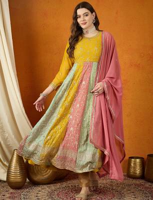 Yellow faux georgette stitched gown with lace dupatta full sleeve embroidered 1