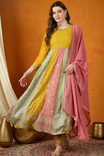 Yellow faux georgette stitched gown with lace dupatta full sleeve embroidered