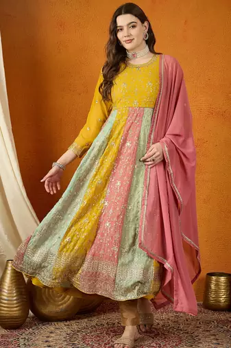 Yellow faux georgette stitched gown with lace dupatta full sleeve embroidered