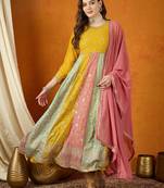 Yellow faux georgette stitched gown with lace dupatta full sleeve embroidered