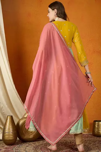 Yellow faux georgette stitched gown with lace dupatta full sleeve embroidered