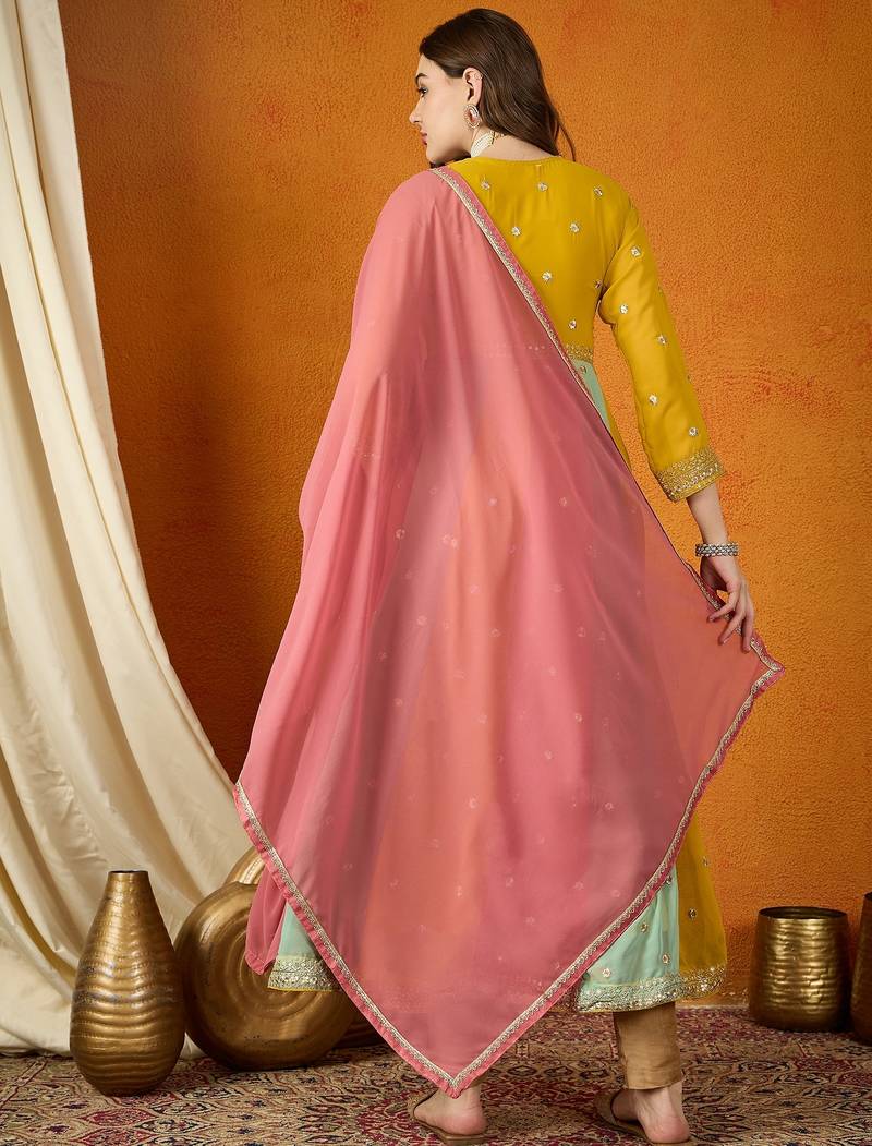 Yellow faux georgette stitched gown with lace dupatta full sleeve embroidered