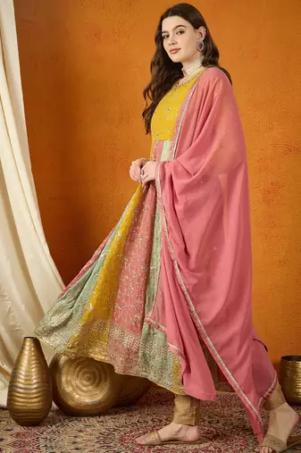 Yellow faux georgette stitched gown with lace dupatta full sleeve embroidered