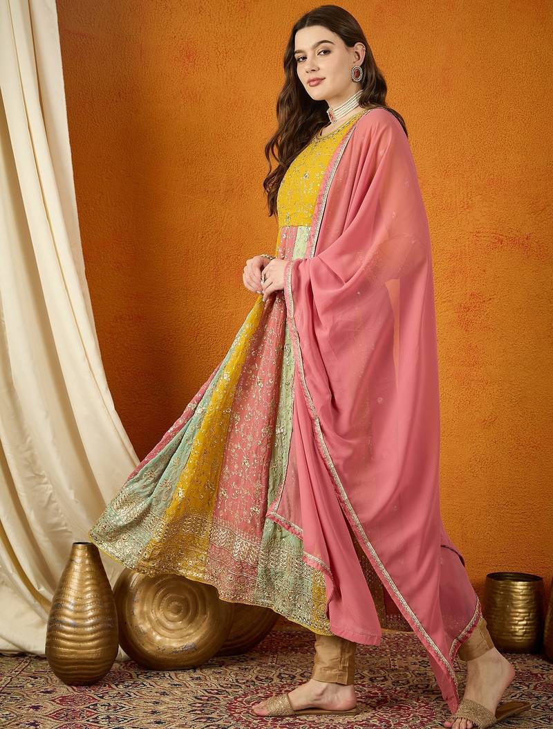 Yellow faux georgette stitched gown with lace dupatta full sleeve embroidered