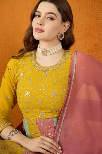 Yellow faux georgette stitched gown with lace dupatta full sleeve embroidered