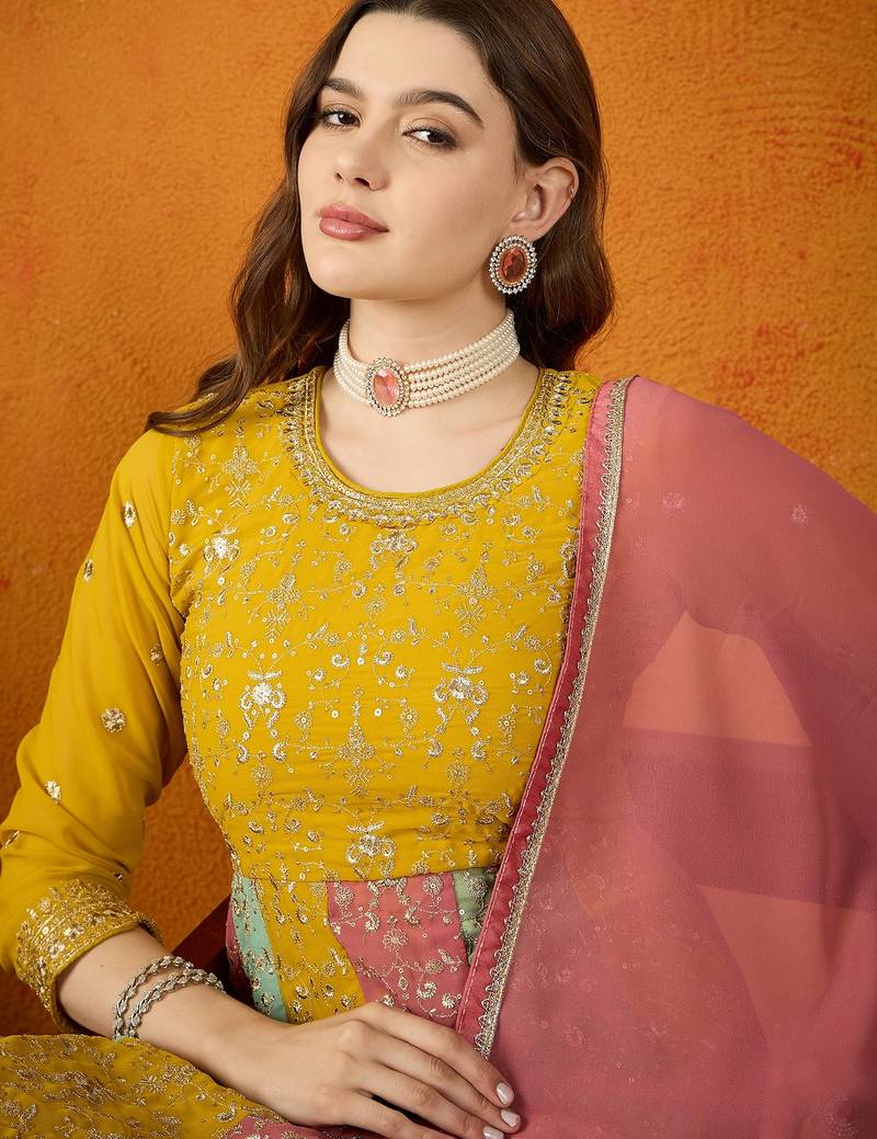 Yellow faux georgette stitched gown with lace dupatta full sleeve embroidered