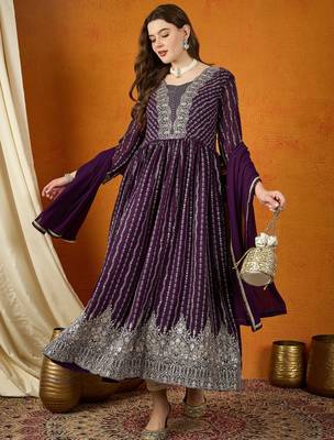 Purple faux georgette stitched gown with lace dupatta full sleeve embroidered 1