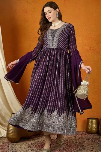 Purple faux georgette stitched gown with lace dupatta full sleeve embroidered