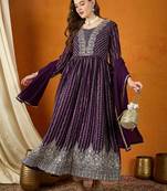 Purple faux georgette stitched gown with lace dupatta full sleeve embroidered