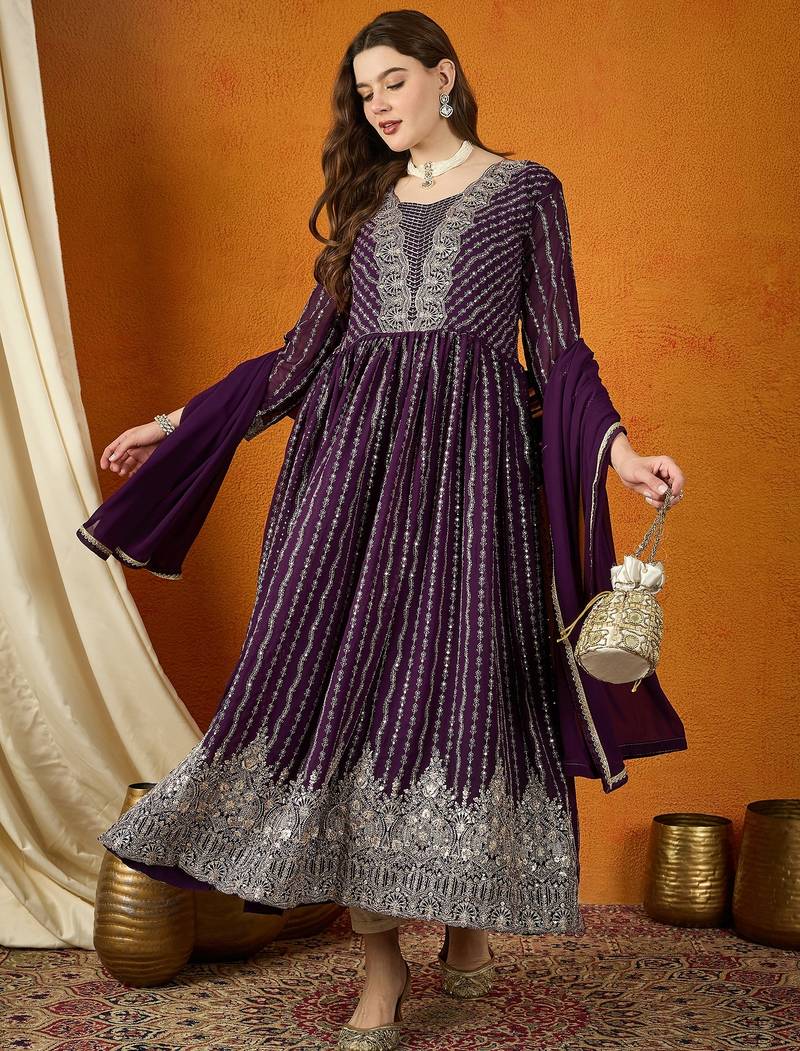 Purple faux georgette stitched gown with lace dupatta full sleeve embroidered