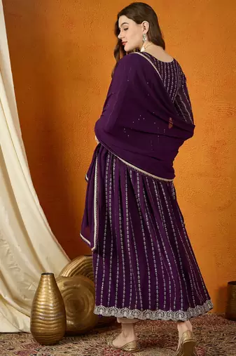 Purple faux georgette stitched gown with lace dupatta full sleeve embroidered