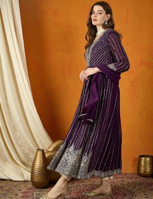 Purple faux georgette stitched gown with lace dupatta full sleeve embroidered 3