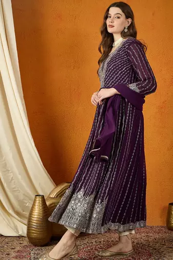 Purple faux georgette stitched gown with lace dupatta full sleeve embroidered