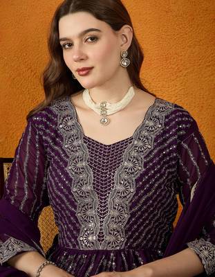 Purple faux georgette stitched gown with lace dupatta full sleeve embroidered 4